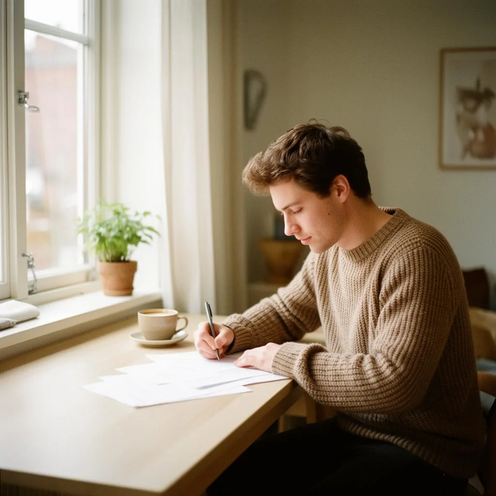 Man som skriver ett personligt brev vid skrivbord