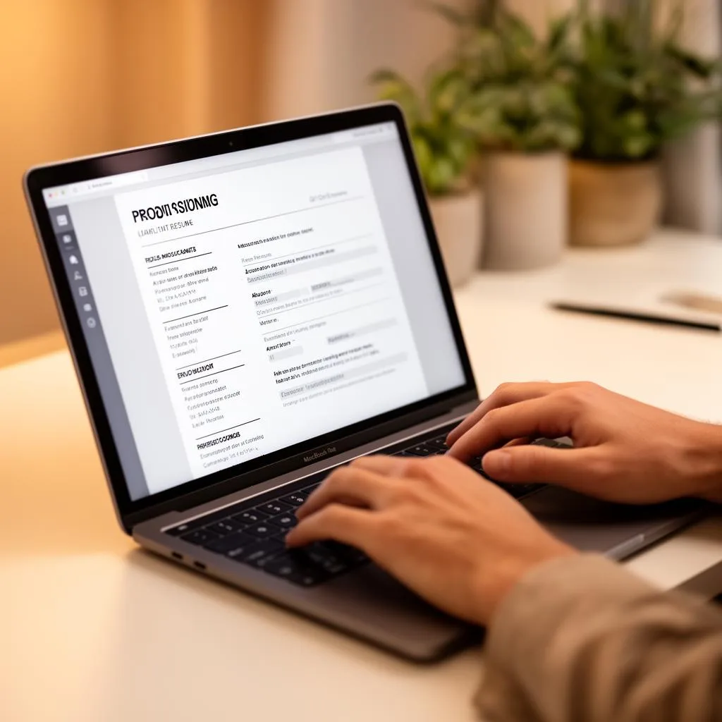 Händer som fyller i CV-uppgifter på en dator