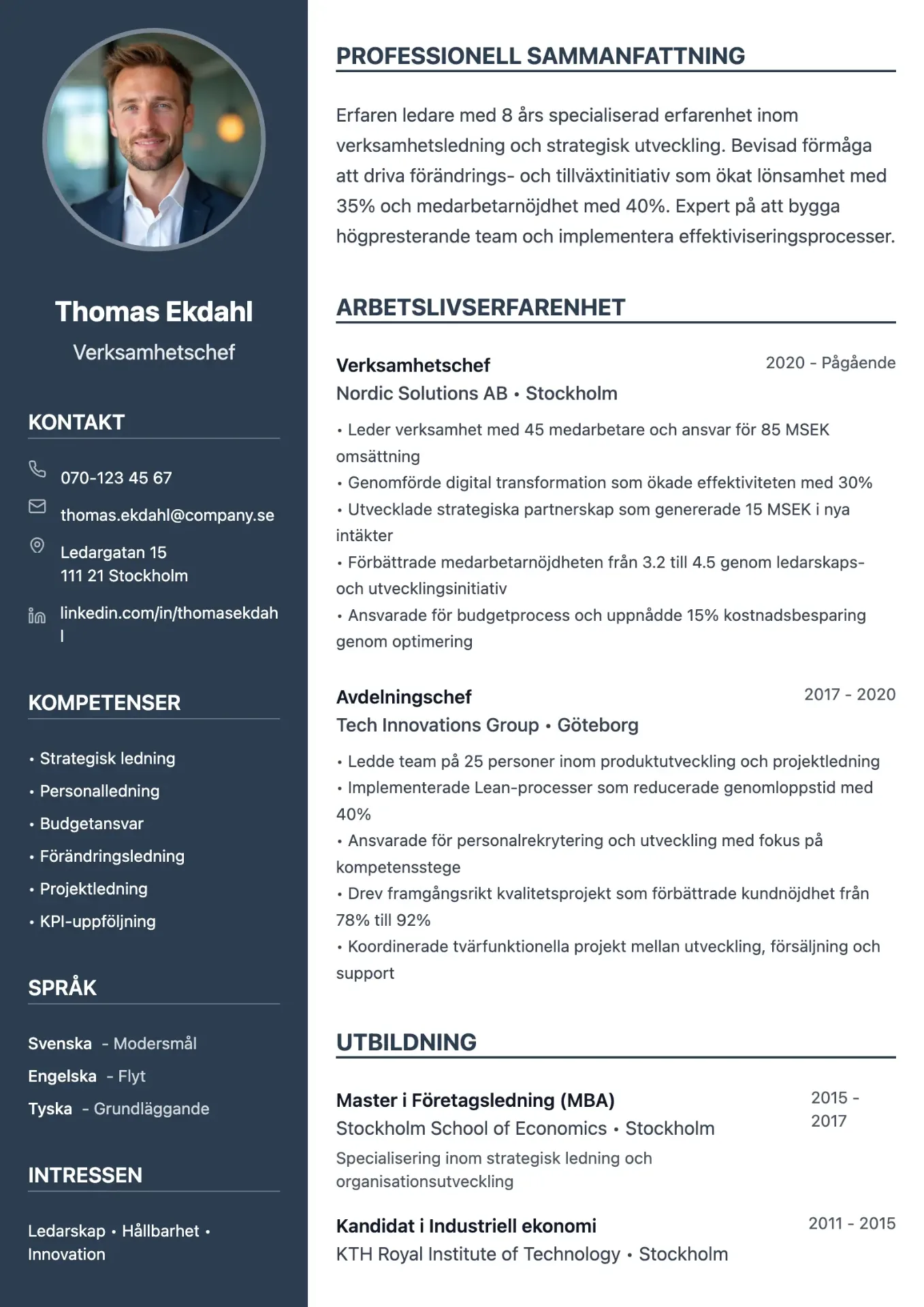 Professionellt CV-exempel med tydlig struktur och modern layout
