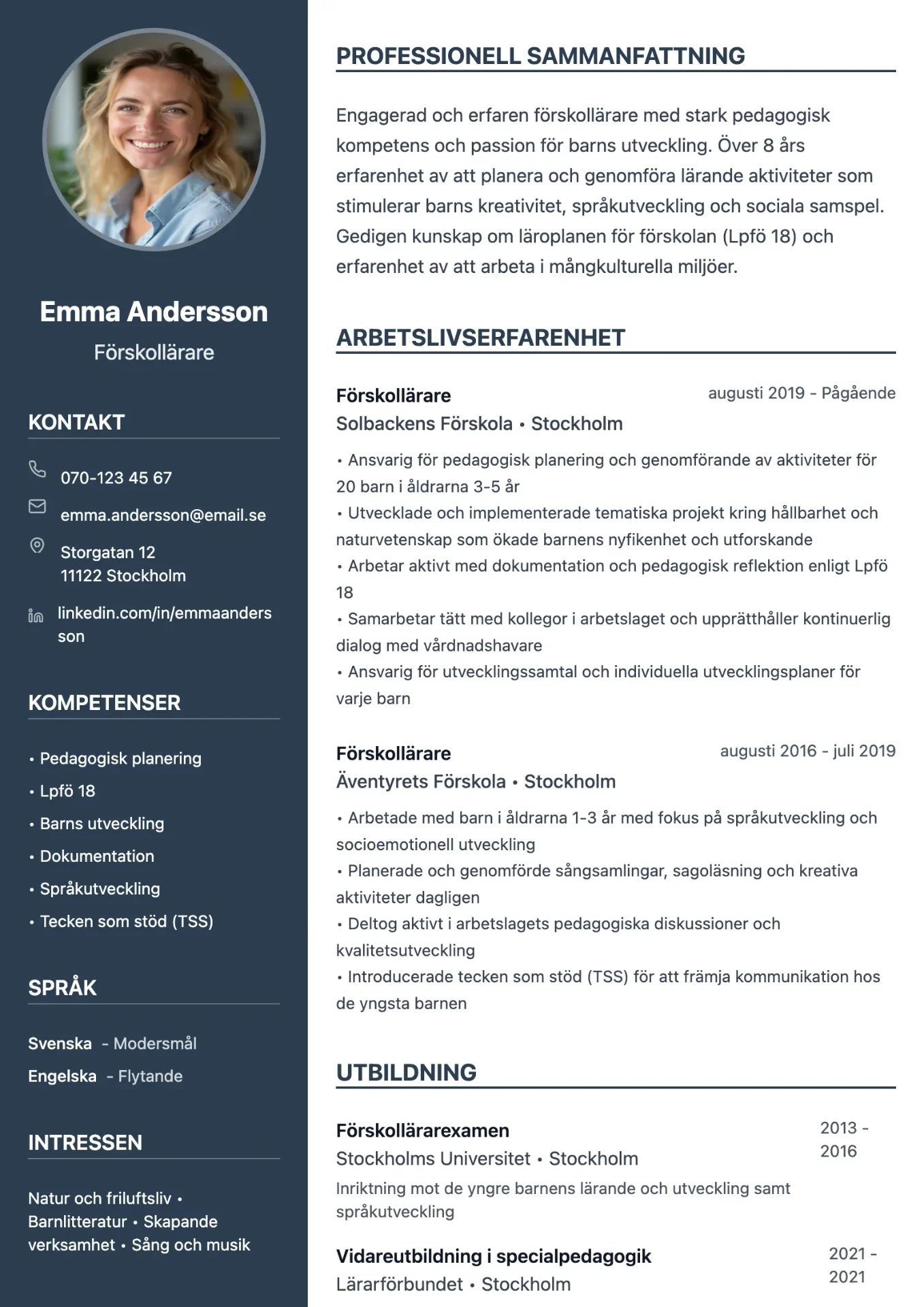 Exempel på CV för förskollärare med pedagogisk design och ren struktur
