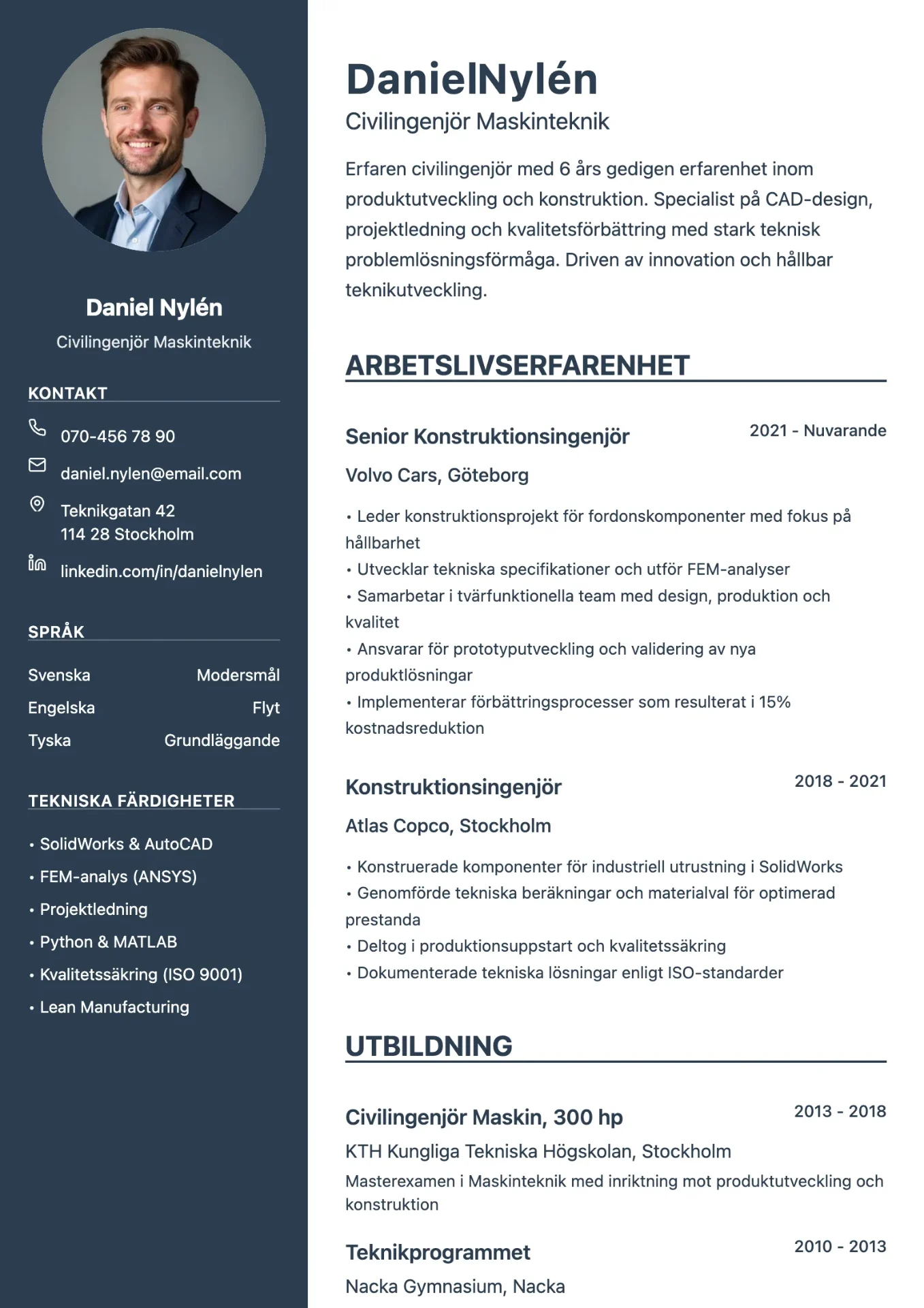 Exempel på CV för ingenjör med teknisk design och fokus på kompetens