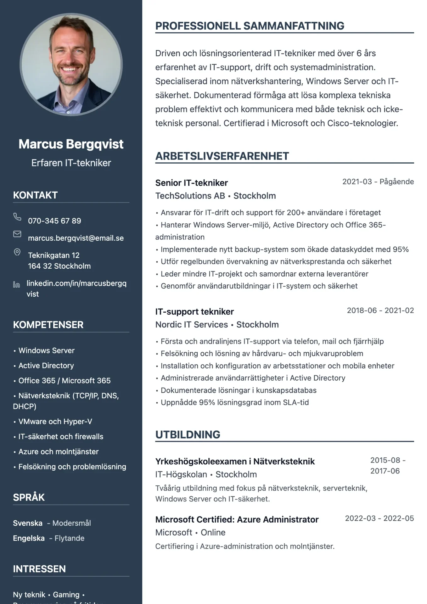 Exempel på CV för IT-tekniker med modern design och ren struktur
