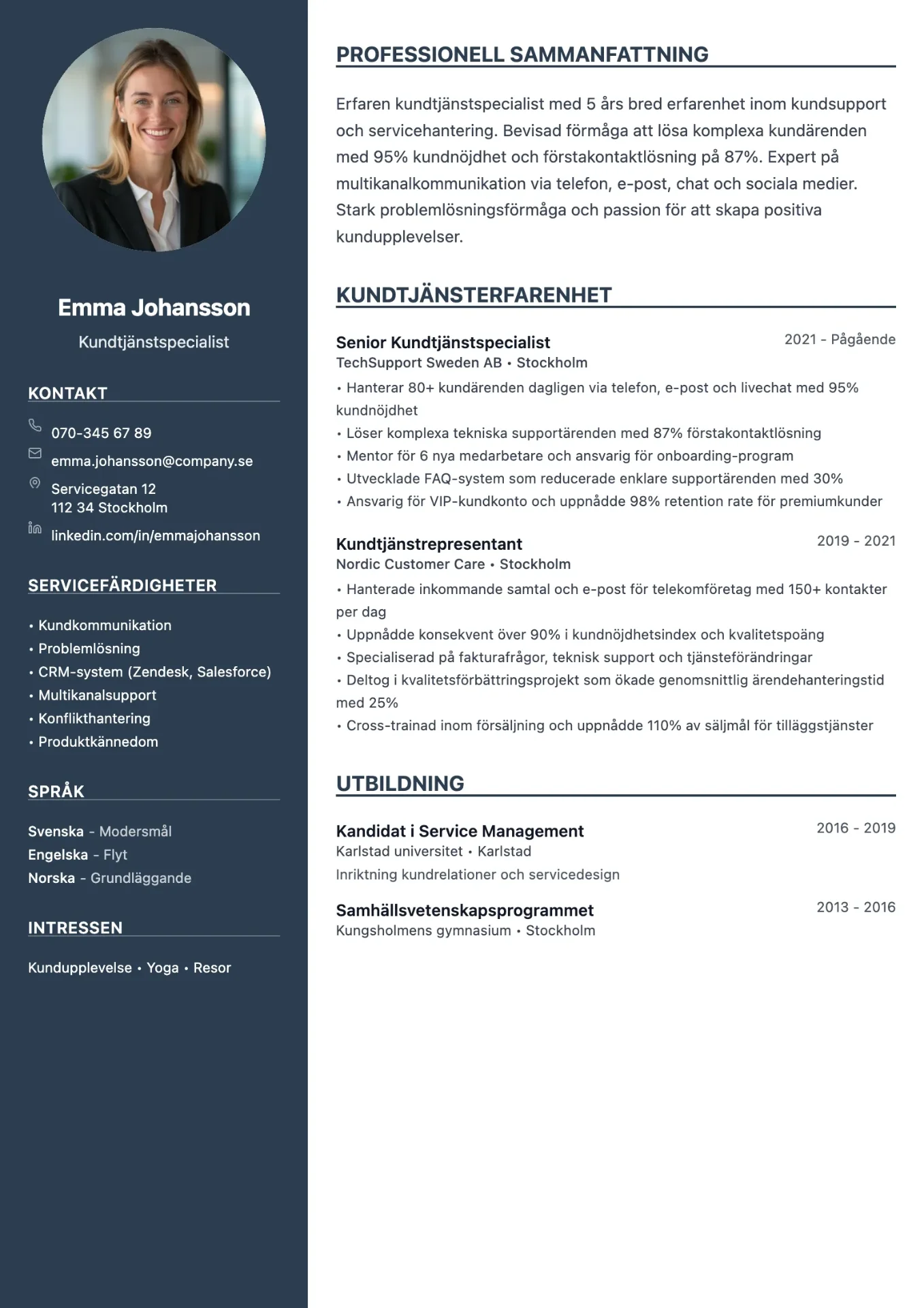 Exempel på CV för kundtjänst med serviceinriktad layout och tydlig struktur