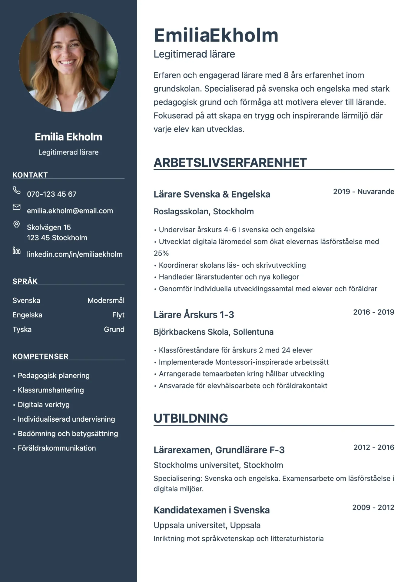 Exempel på CV för lärare med pedagogisk design och ren struktur