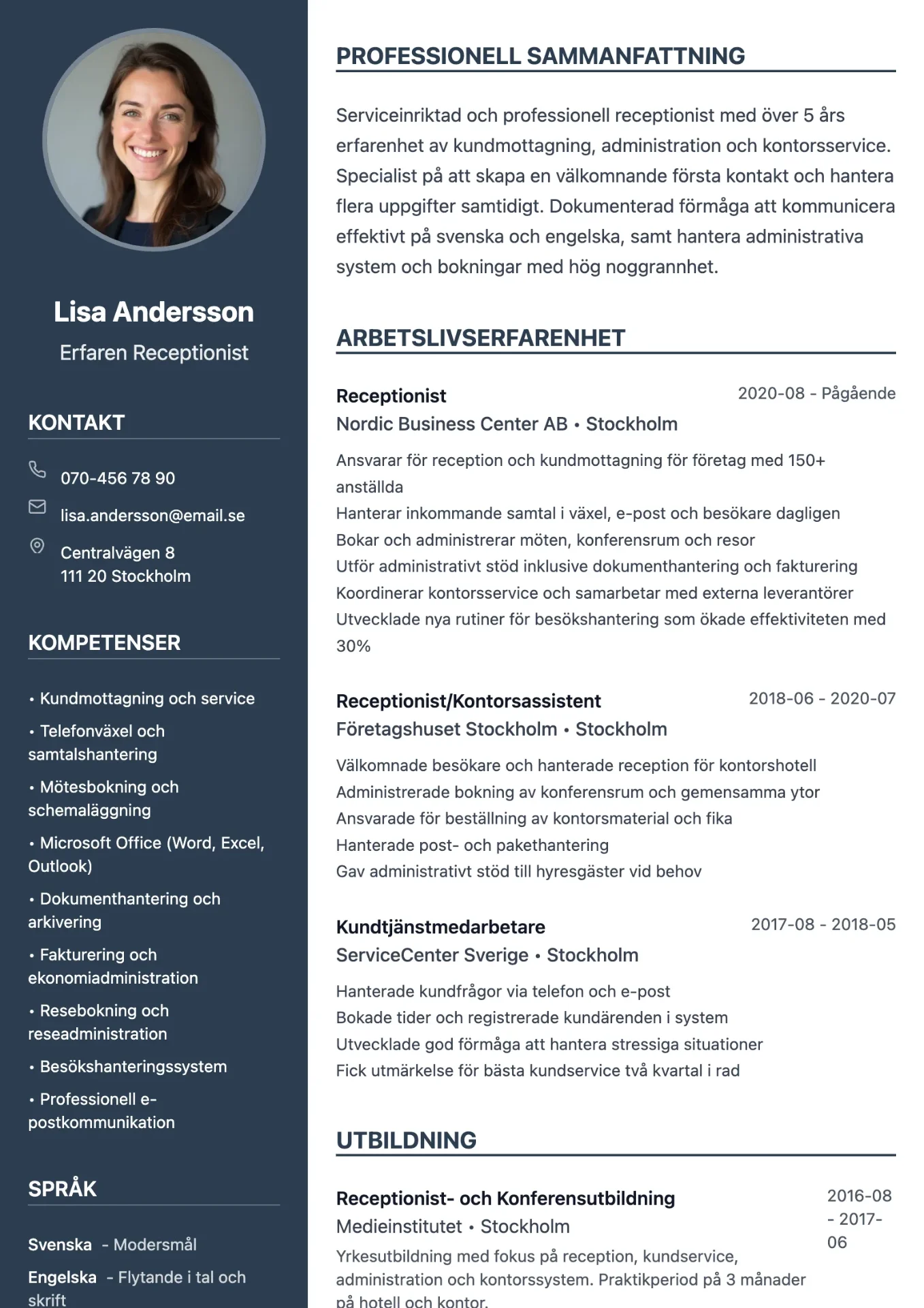 Exempel på CV för receptionist med serviceinriktad design och professionell prägel