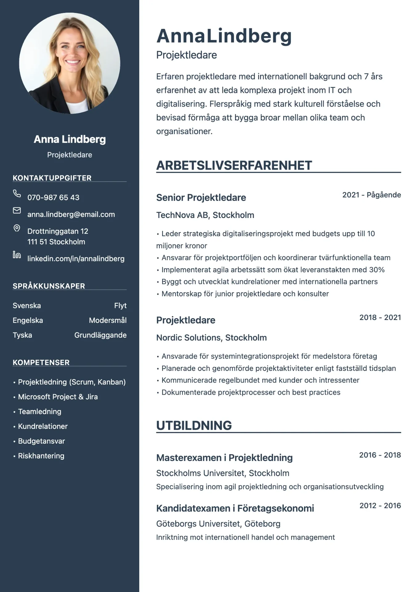 Exempel på CV för svenska med klassisk layout och svensk prägel