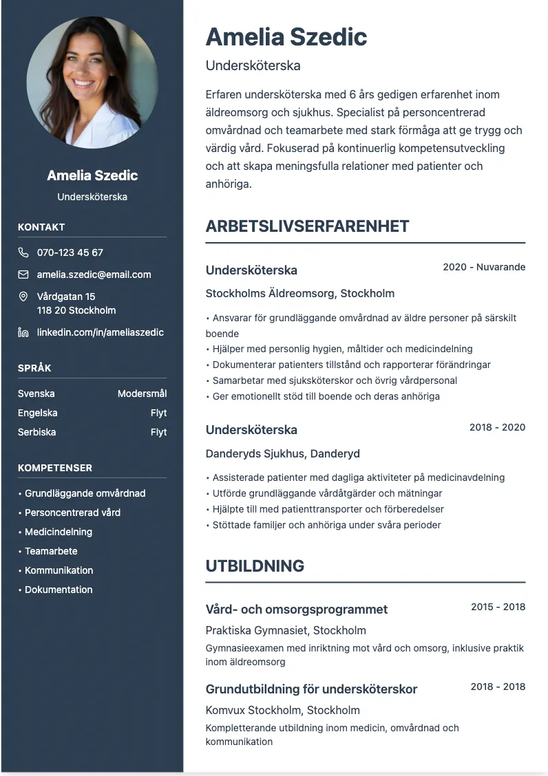 Exempel på CV för undersköterska med vårdande design och omtänksam struktur