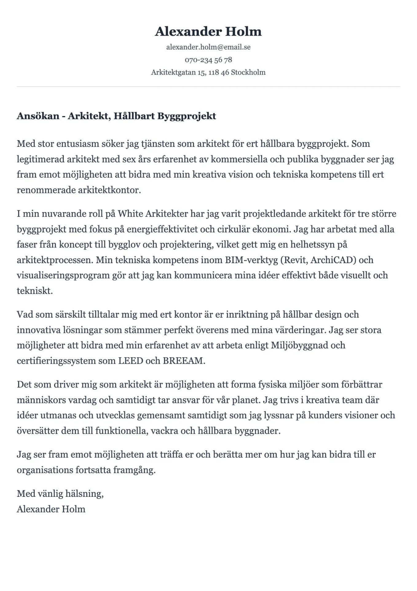 Professionellt personligt brev exempel för arkitekt med kreativ design