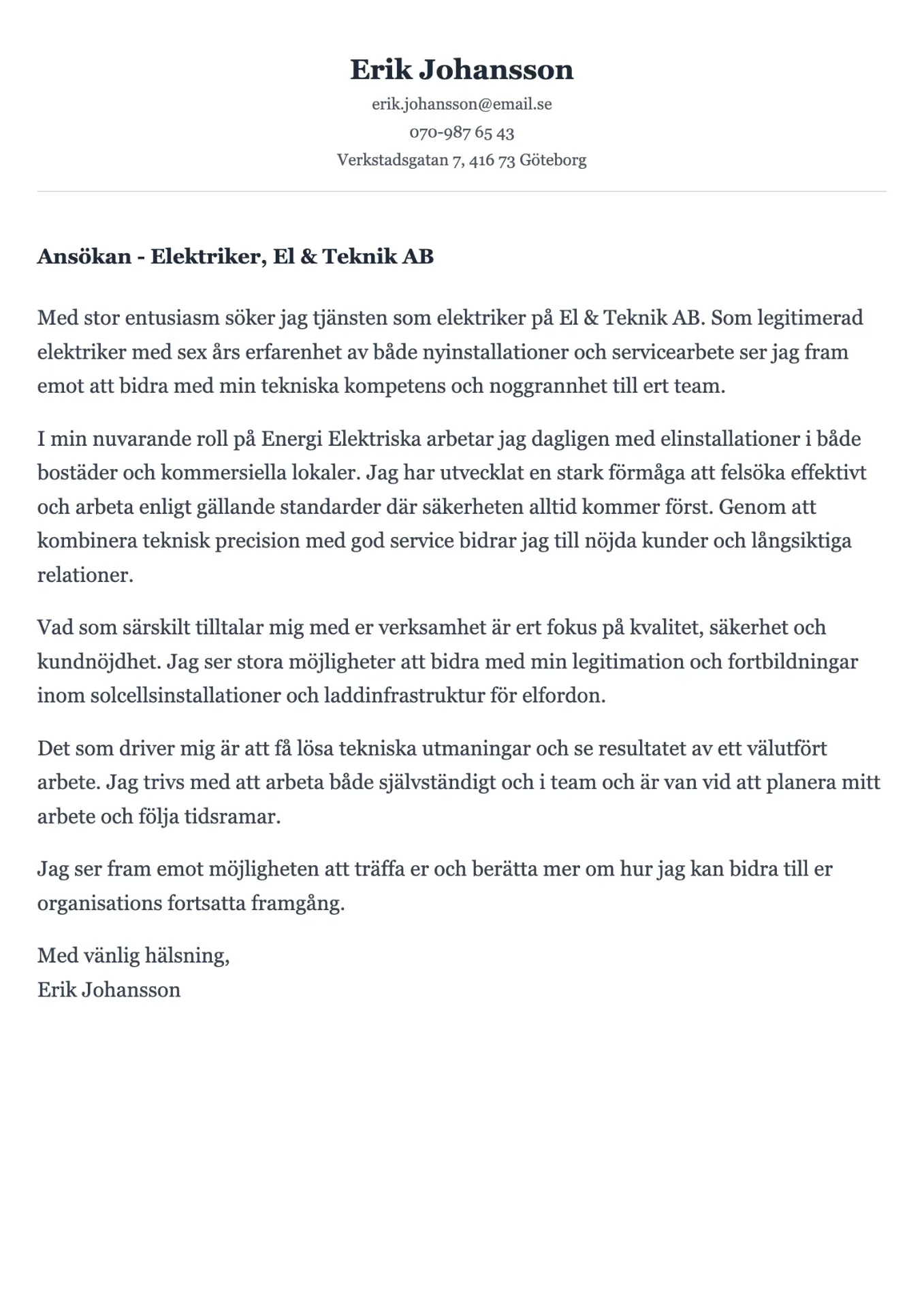 Praktiskt exempel på personligt brev för elektriker inom installation