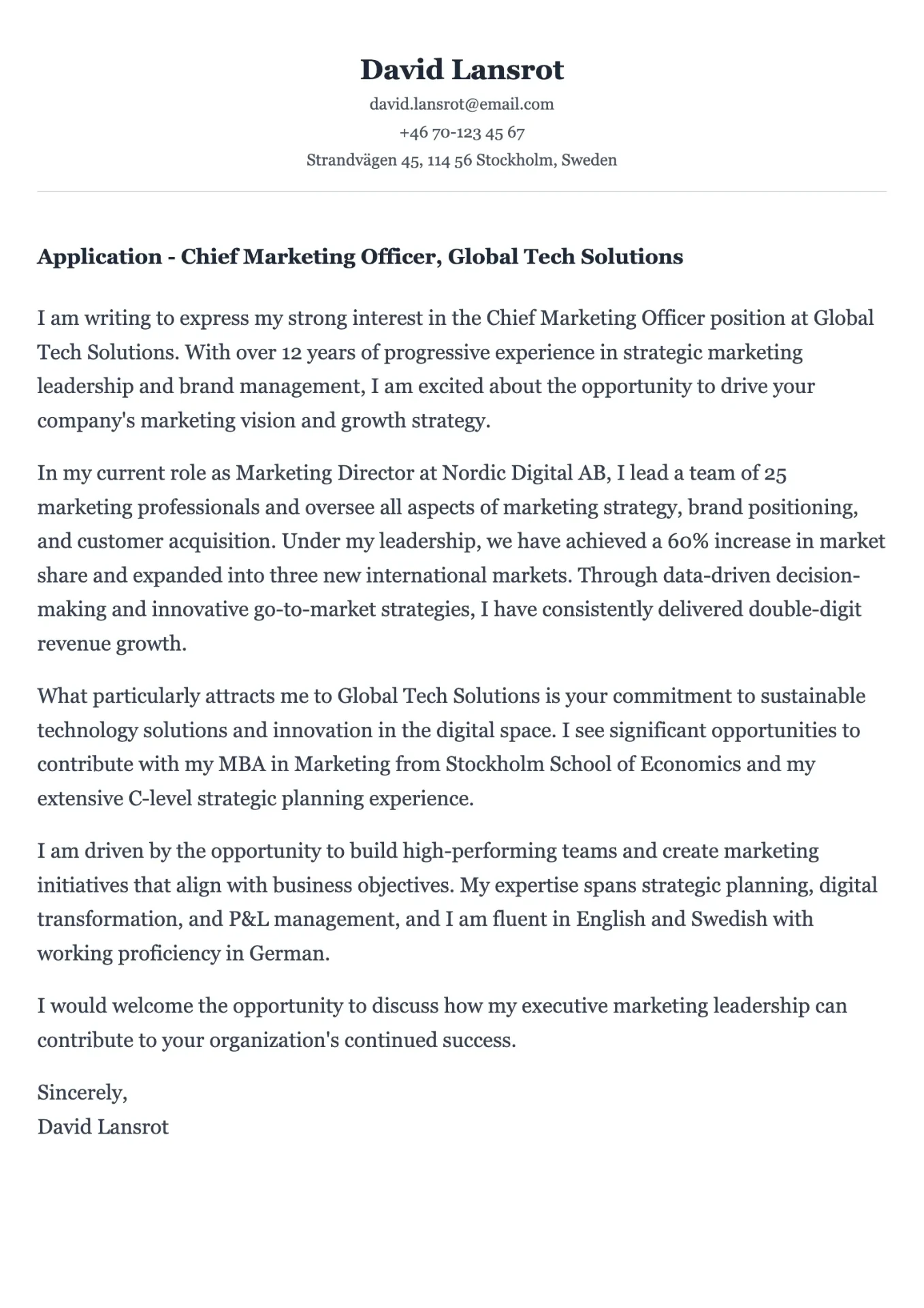 Professional cover letter example in English for international applications