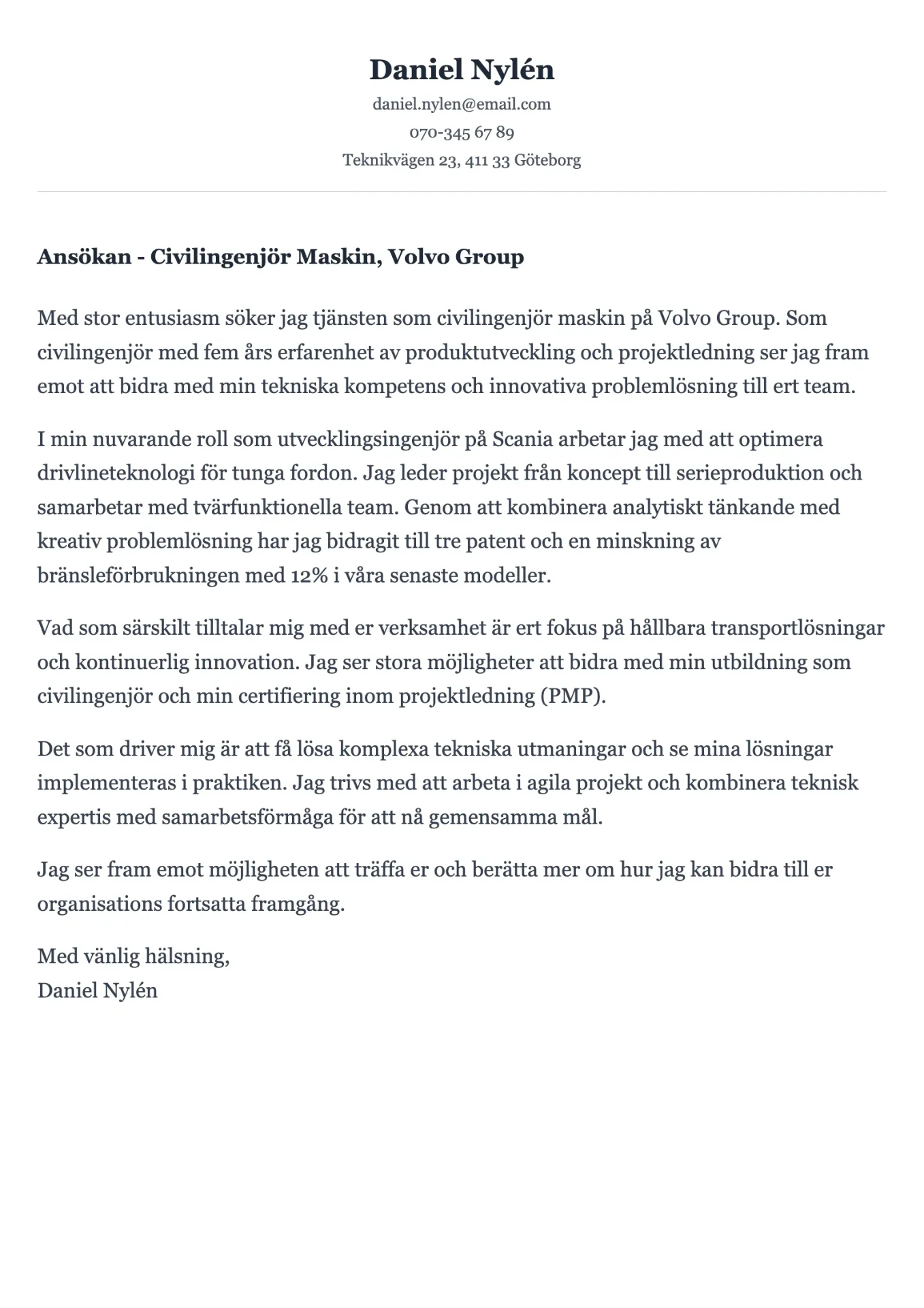 Strukturerat personligt brev exempel för ingenjör inom teknikbranschen