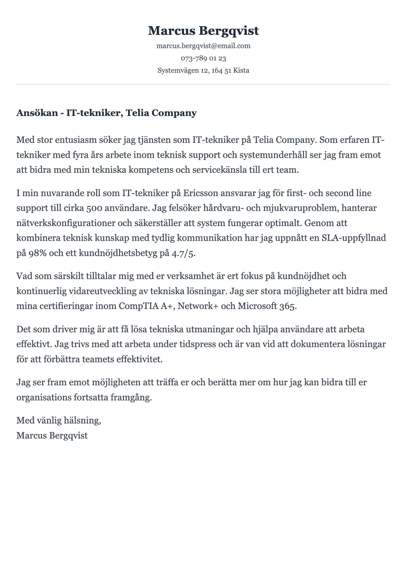 Tekniskt exempel på personligt brev för IT-tekniker med systemkompetens