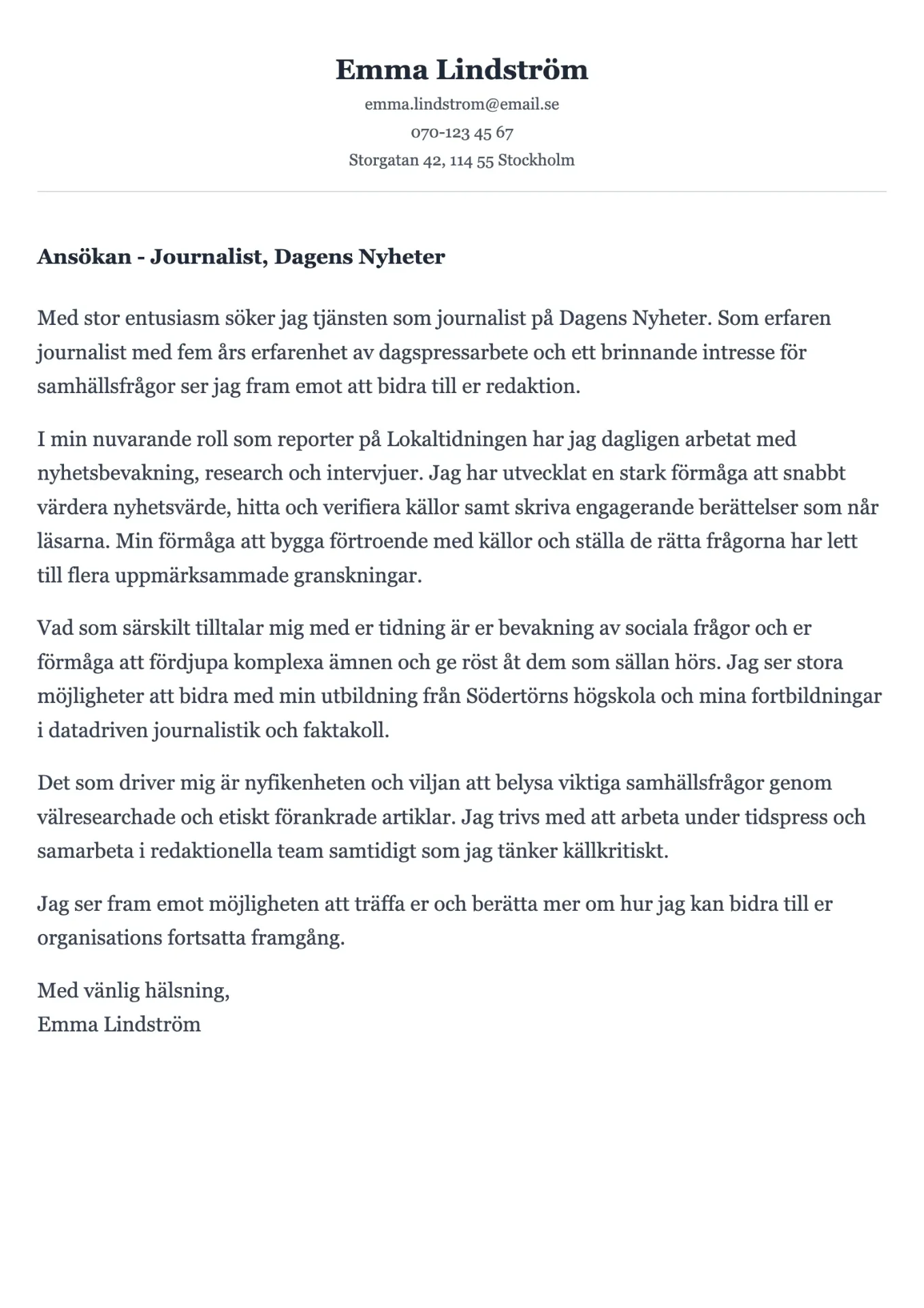 Kreativt exempel på personligt brev för journalist med skrivportfölj