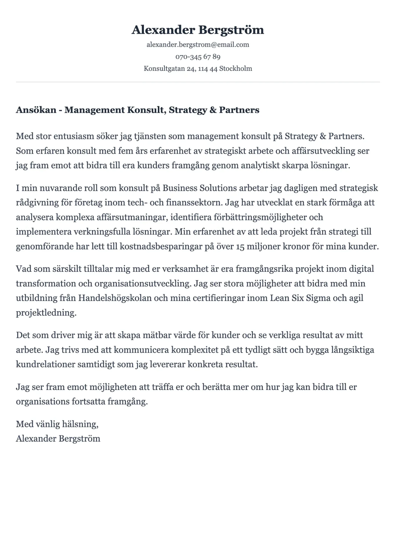 Strategiskt exempel på personligt brev för konsult med affärsfokus