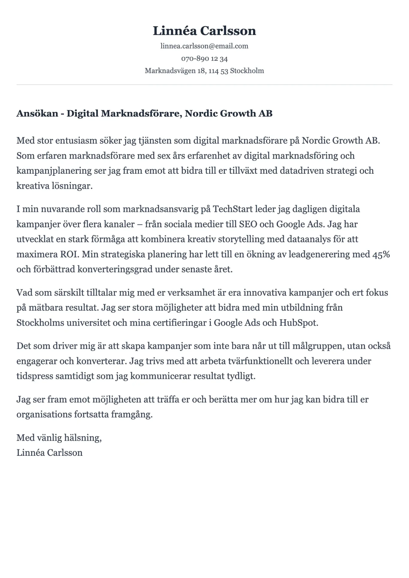 Kreativt personligt brev exempel för marknadsförare med kampanjportfölj