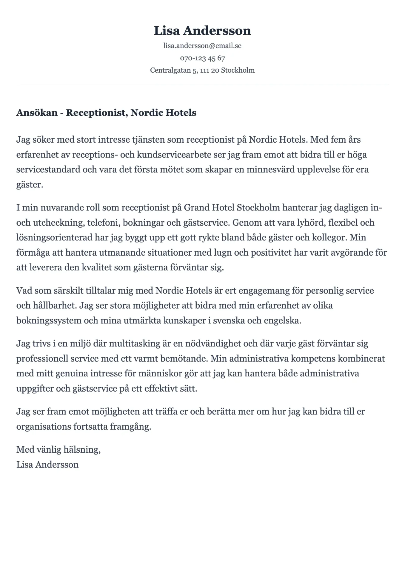 Välkomnande personligt brev exempel för receptionist med kundkontakt