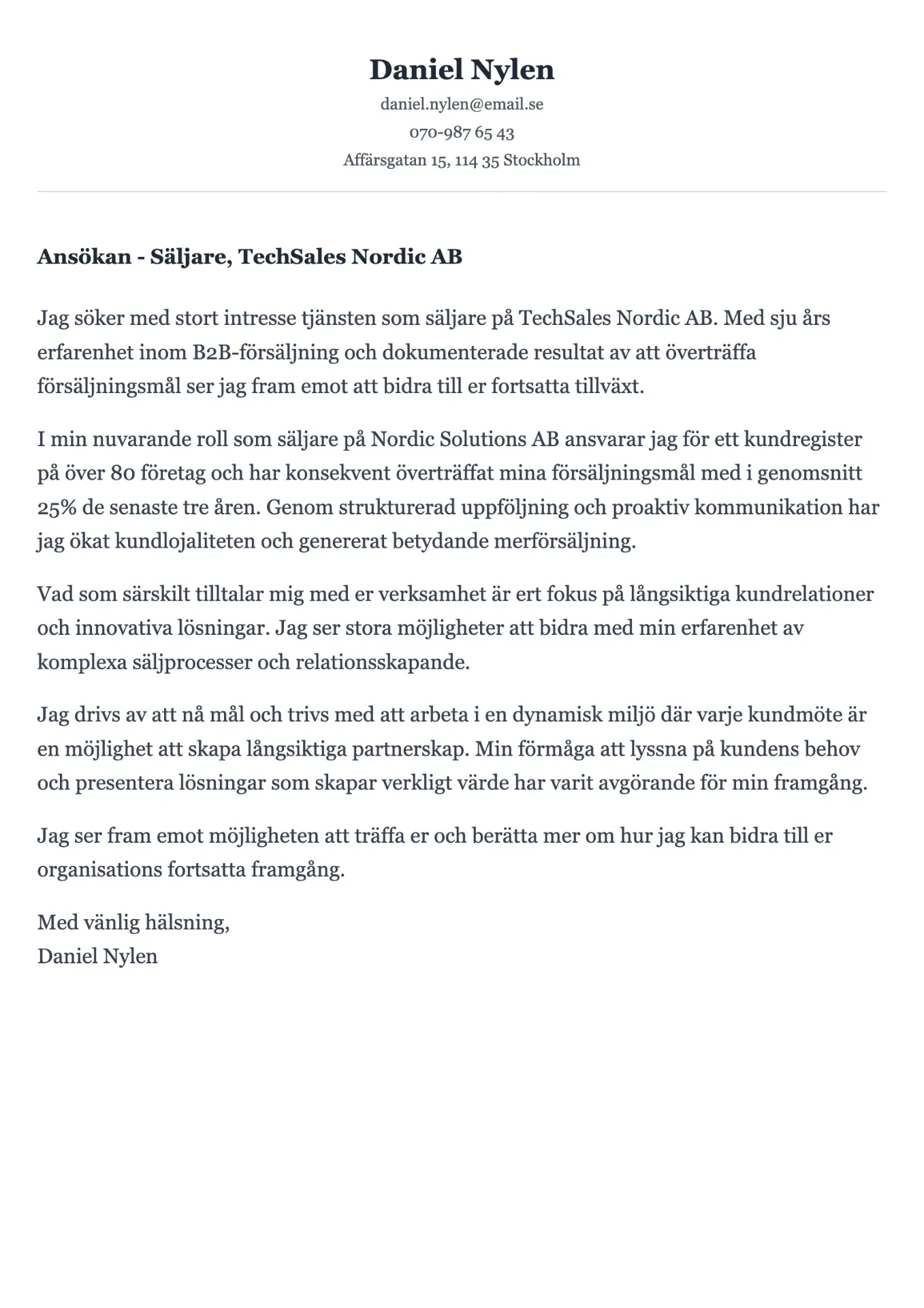 Professionellt personligt brev exempel för säljare med försäljningsresultat