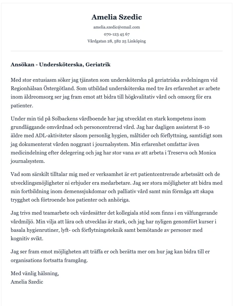 Professionellt personligt brev exempel för undersköterska med vårderfarenhet